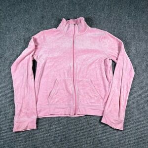 Vtg Simply by E Velour Track Jacket Womens M Pink Good Y2K Full Zip Mock Neck